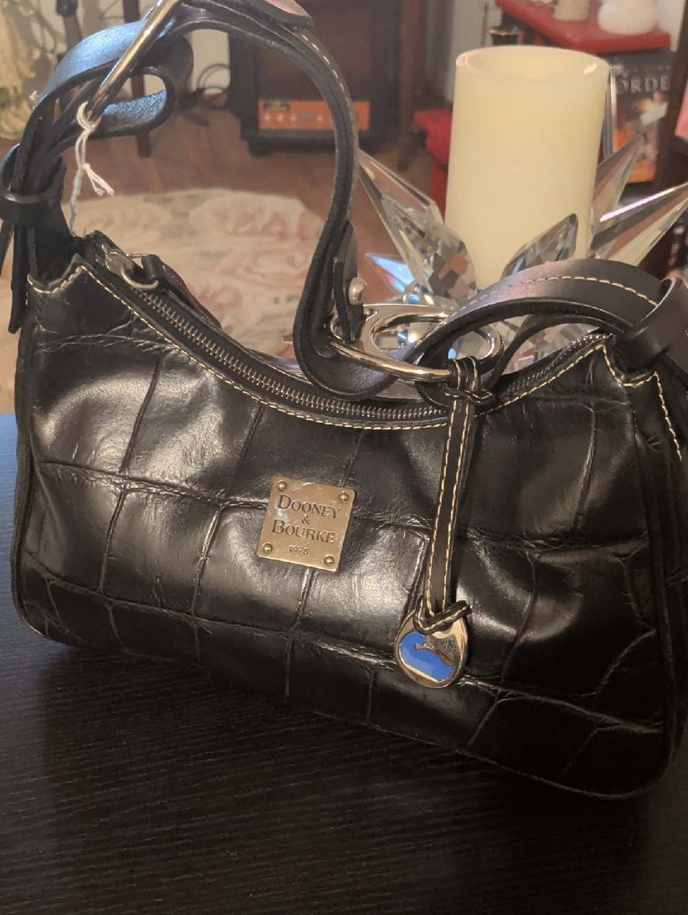 Dooney & Bourke Black Croc-Embossed Leather Shoulder Bag